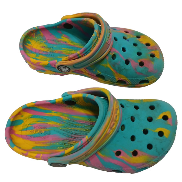 CROCS Girls Pink Yellow Blue Clogs Slip On Sandals sz.C12 - Picture 2 of 5